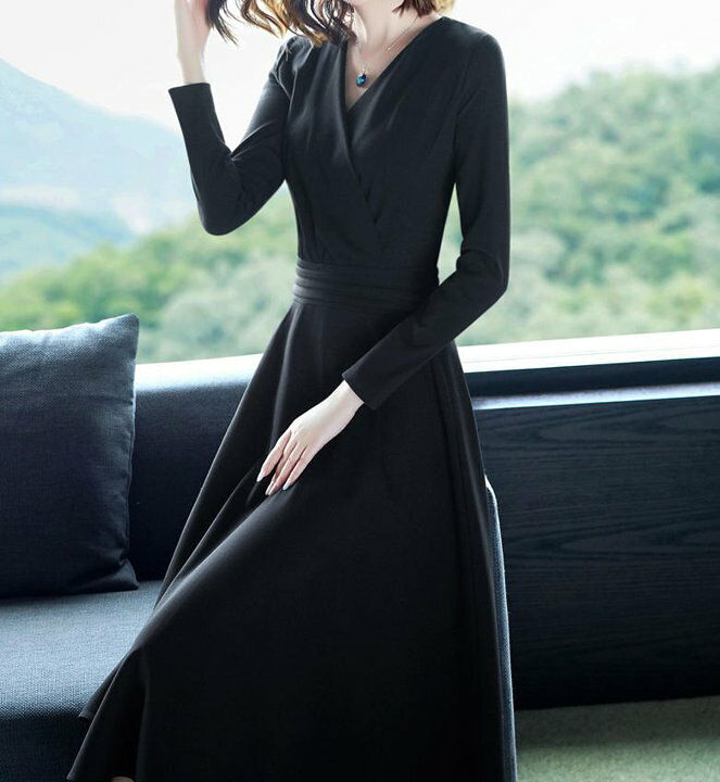 楽天市場 喪服 礼服 ワンピース ロング 長袖 きれいめ ハイウエスト ロング丈 Aライン Vネック ロングワンピース 大きいサイズ ブラック フォーマル エレガント シック セレモニー 卒園式 入学式 上品 秋冬 卒業式 代 30代 40代 50代 ブラック 黒 By 460 Imagibune