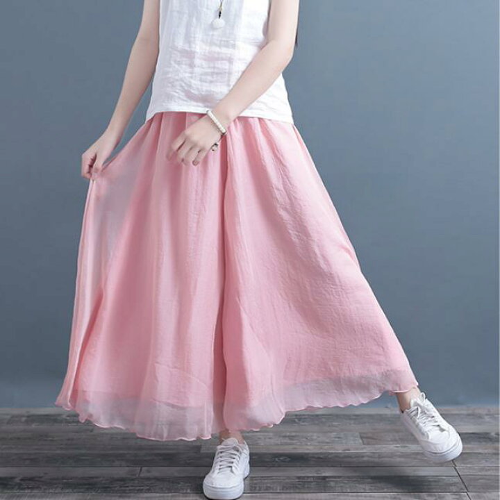 楽天市場 スカンツ コットン リネン 極薄シフォン 超ワイドパンツ ドレープ フレア ウエストゴム ロング丈 柔らか 淡カラー ひらひら 大人フェミニン 清楚感 オシャレ 清涼感 春夏 ピンク ホワイト グレー ブルー グリーン ブラック 全6色 通勤 Imagibune 楽天市場店