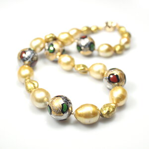 陶芸家・立川青風による手作り手描制作伊万里焼&白蝶ゴールドパールネックレス金彩貫入磁器とパールコラボ