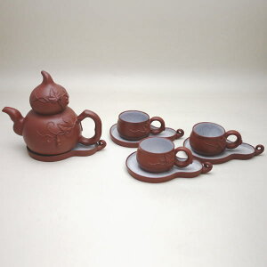 【煎茶道具 急須&湯のみ】 瓢(ひさご) 後手急須 瓢箪 急須受け&湯のみ3個&湯のみ受け3個セット 孟臣写し