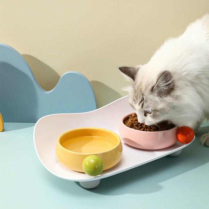 ネコ用食器 スタンド 2点セット ネコ用 ペット用品 猫用品 陶器 犬 フードボウル ペット皿 餌入れ 傾斜 シンプル かわいい おしゃれ