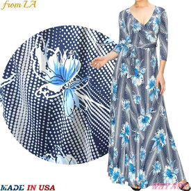 ワンピース マキシ 7分袖 Vネック カシュクール LAインポート ドット 花柄 Aライン S.M.L.XL ブルー MADE IN USA JN201029LA031