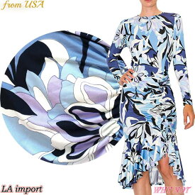 ワンピース 膝下丈 長袖 サイドシャーリング LAインポート 抽象花柄 マーメイドライン S.M.L.XL ブルー FROM USA JN230720LA009