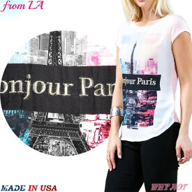 レディース Tシャツ 半袖 ボートネック PARIS刺繍 プリント ラウンドヘム ピンク S.M.L LAインポート MADE IN USA NA220702LA037