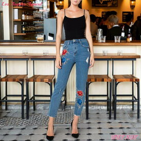 レディース ジーンズ ストレート ダメージ ストレッチ デニム フラワー パッチワーク スタッズ LAインポート ブルー SG230720LA001