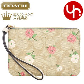 コーチ COACH 小物 ポーチ FCR973 CR973 ライトカーキ×チョークマルチ 特別送料無料 シグネチャー コーテッド キャンバス レザー フローラル プリント コーナー ジップ リストレット アウトレット品レディース ブランド 通販 2024SS