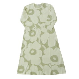 marimekko MARIMEKKO マリメッコ ワンピース Eteva Unikko バーズアイニット ドレス ウニッコ ロング ベージュ×ライトグレー 七分袖 花柄 フィンランド 北欧