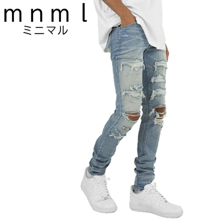 楽天市場】mnml デニム ミニマル スキニー パンツ X201 RHINESTONE 
