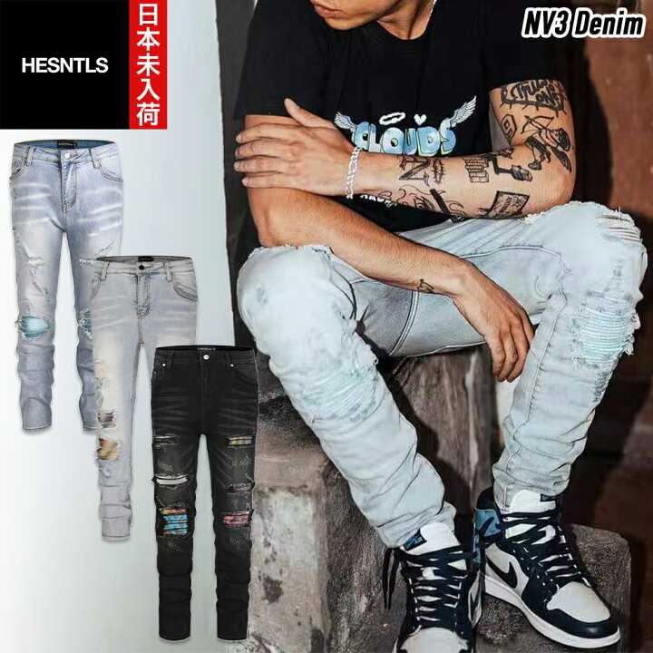 楽天市場】HESNTLS ジーンズ ダメージ デニム NV3 スリムフィット 