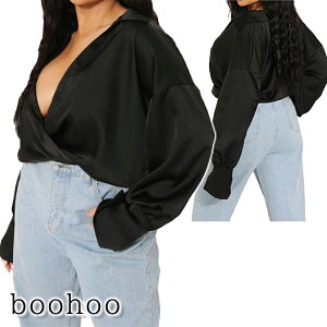 �u�[�t�[ boohoo Plus Plunge Wrap Front Satin Blouse ���� �u���b�N �g�b�v�X ���S �X�g���[�g ���f�B�[�X ���j�Z�b�N�X MZZ35705 [�ߗ�] ��00582