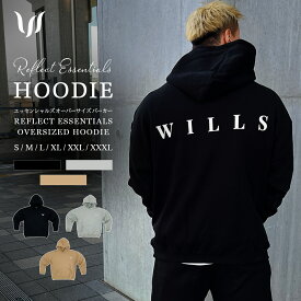 パーカー メンズ オーバーサイズ ESSENTIALS HOODIE プルオーバー バックプリント リフレクト 反射 筋トレ WILLS FITNESS ウィルズ フィットネス ロゴ ジム ウエア スポーツウェア ストレッチ コットン ユ00572