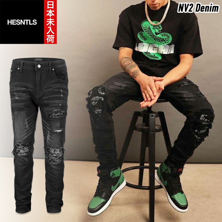 楽天市場】HESNTLS ジーンズ ダメージ デニム NV2 Black Paisley Patch 