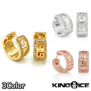 KING ICE �L���O�A�C�X �����O �s�A�X ���� STERLING SILVER ICED GREEK KEY HOOP EARRINGS 14k�S�[���h �� �V���o�[ ���[�Y�S�[���h 2�Z�b�g �����Y �u�����h �l�C[�A�N�Z�T���[]