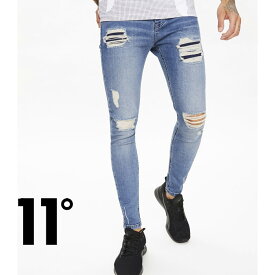 イレブンディグリーズ 11Degrees ダメージジーンズ Sustainable Distressed Jeans Skinny Fit ミッドブルーウォッシュ ストレッチ デニム パンツ メンズ[衣類]