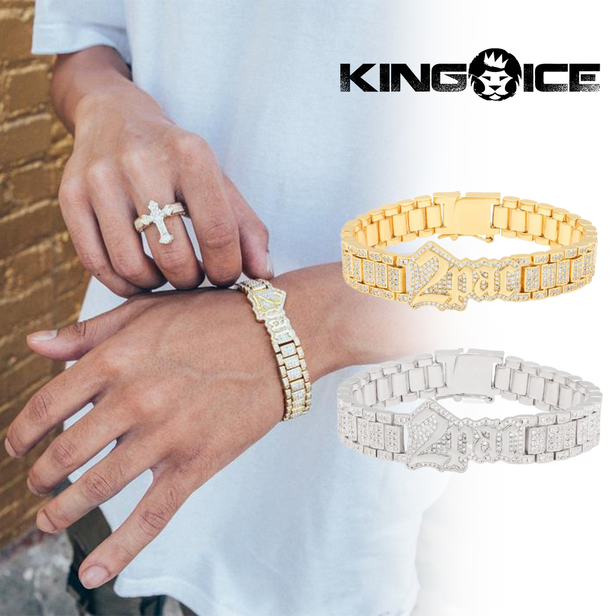 KING ICE キングアイス ブレスレット 2PAC X KING ICE - 12MM 2PAC LOGO BRACELET 14Kゴールドメッキ  ホワイトゴールドメッキ メンズ ブランド 人気[アクセサリー] | s.s shop