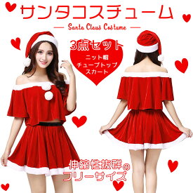 クリスマス サンタ レディース コスチューム 3点 セット チューブトップ スカート 帽子 可愛い 女性 コスプレ 男ウケ SNS インスタ映え セクシー 衣装 仮装 パーティー イベント サンタクロース フリーサイズ 大きいサイズ ユ00572