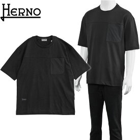 ヘルノ HERNO スーパーファインストレッチコットン＆スキューバ Tシャツ JG000275U-52000-9300 NERO ブラック メンズ レギュラーフィット 半袖 クルーネック メタルロゴ【新作】