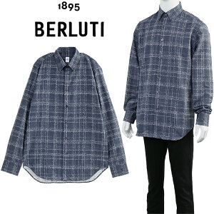 �x�����b�e�B BERLUTI �R�b�g�� �X�N���b�g �A���b�T���h�� �{�^���_�E�� �V���c R27HTL98-001-09C INDIGO SCRITTO CHECK�y�V��z
