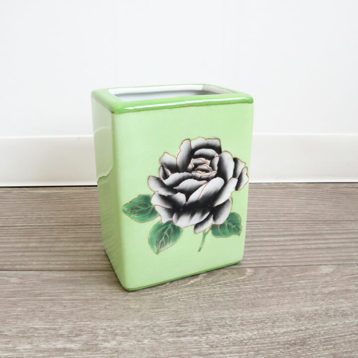 楽天市場 おしゃれ 花瓶 フラワーベース かわいい 陶器 ペン立て ローズ バラ 一輪挿しグリーン インテリア 四角 ラッピング 実用的 玄関 リビング 置物 ギフト プレゼント 輸入雑貨 イエ
