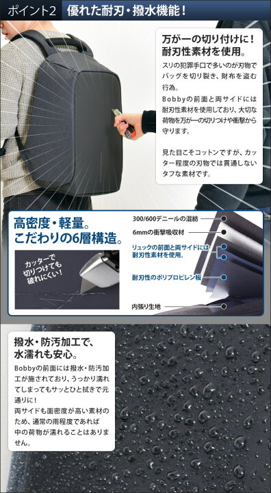 楽天市場 海外旅行 にピッタリ 防犯 防刃 スリ 対策 リュックサック Bobby ミニポーチの特典あり 耐刃 撥水 グッズ 大容量 メンズ レディース 充電 ケーブル リュックサック Bobby ボビー セレクトショップ Aqua アクア