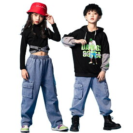 ダンス衣装 ヒップホップ キッズ パーカー 切り替え 重ね着風 トレーナー セットアップ 女の子 男の子 ジュニア 長袖tシャツ へそ出し デニムパンツ k-pop jazz おしゃれ ダンス 衣装 韓国 団体服 応援団 文化祭 演出服 発表会 110 120 130 140 150 160 170 180