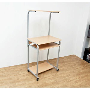 棚付きPCデスク (パソコンデスク) スチールパイプ脚 幅60cm スライドテーブル / キャスター付き ナチュラル