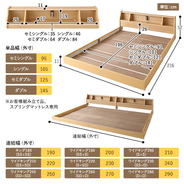 ベッド 日本製 低床 連結 ロータイプ 木製 照明付き 棚付き コンセント付き シンプル モダン ホワイト ワイドキング280（D+D） 日本製ボンネルコイルマットレス付き【代引不可】 3