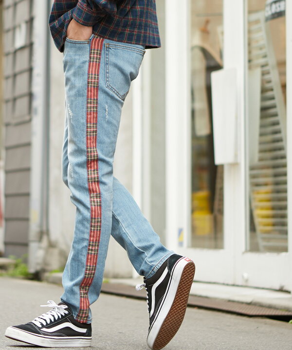 代引き人気 パンツ ストレッチ チェック柄 スキニー チノパン スリムパンツ スキニーパンツ ズボン サイドライン メンズ