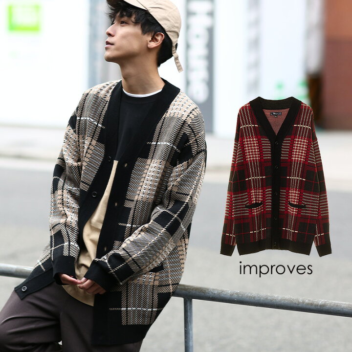 楽天市場 ニット カーディガン メンズ チェック柄 ロングカーディガン ニットカーディガン Vネック 長袖 ニットセーター ジャガードニット ベージュ レッド 赤 Improves Improves 楽天市場 ニット カーディガン メンズ チェック柄 ロングカーディガン ニットカーディガン Vネック 長袖 ニットセーター ジャガードニット ベージュ レッド 赤 Improves Improves