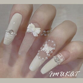 ネイルチップ ホワイト リボン パール 長ネイル 長い ロング デート 春 夏 秋 冬 ネイル チップ ブライダル 付け爪 つけ爪 貼るネイル ウエディング 結婚式 披露宴 成人式 チップ つけ爪 女子 レーディス 人気 おしゃれ カワイイ ネイルシール