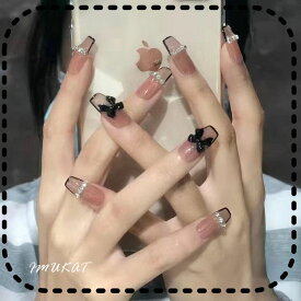 ネイルチップ ロング ピンク ブラック クリスタイル リボン 可愛い 優しい 個性的 おしゃれ 披露宴 成人式 レディース ギフト プレゼント秋 冬 披露宴 デート 卒業式 紅葉狩り 遊園地 送料無料 大人気 付け爪 つけ爪 貼るネイル