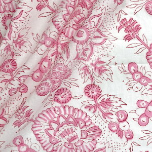 インド ブロックプリント生地 【50cm単位切り売り】 ピンク フラワー ホワイト地 花 フォークロア 伝統ハンド プリント 捺染 花柄 110cm幅 コットン 綿100% サンガネリ