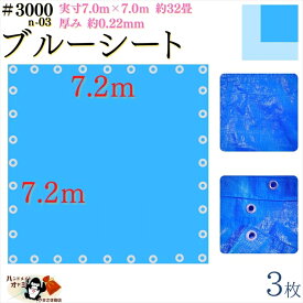 【 ブルーシート 厚手 防水 #3000 7.2×7.2 m 3枚入 】 実寸 7.0×7.0m 厚み 約0.22mm 広さ 約 32畳 材質 PE ポリエチレン カラー ブルー 青 アルミ ハトメ 付 間隔 約90cm×32個