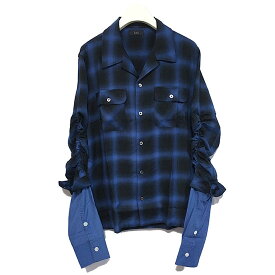 【スーパーセール SALE】 【ラス シャツ】 l.o.s ラス Gather sleeve docking check shirt blue los-SH21ST01