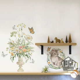 壁ステッカー ウォールステッカー 花瓶 フラワーベース 陶磁器 花器 猫 猫と花 メインクーン ノルウェージャン・フォレスト・キャット ノルウェージャン ペルシャ リーフ リラックス 木 マイナスイオン 壁シール ウォールシール