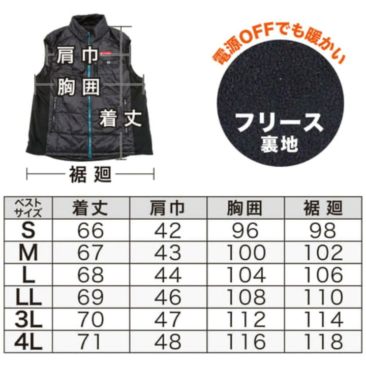 楽天市場】マキタ 充電式暖房ベスト CV202DZ S/M/L/LL/3L/4Lサイズ 服 