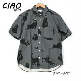 ciao チャオ 半袖シャツ 黒猫 COTTON LINEN PRINT SHIRTS CAT メンズ 綿麻 ねこ ネコ 日本製 224-54