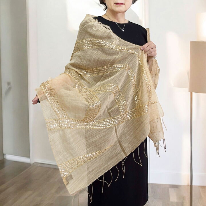 楽天市場】InDream シルクウール ストール ベージュ スパンコール刺繍  
