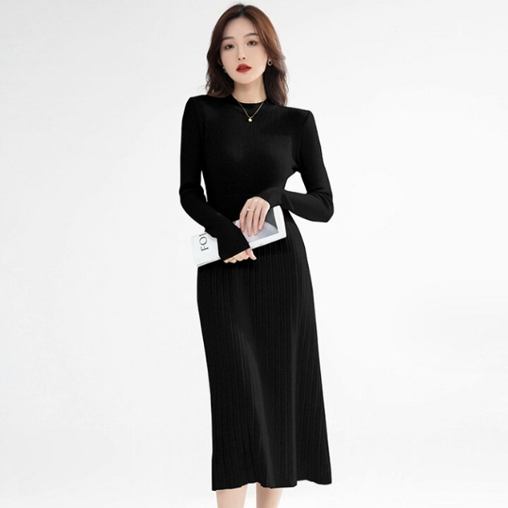 楽天市場】ボトルネック プリーツ ワンピース ニットワンピース A  