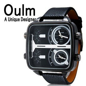 送料無料 Oulm スクエアフェイス 腕時計 日本製ムーブメント ビッグフェイス フルステンレス ステンレス デュアルタイム ダブルタイム タイムゾーン クオーツ ブラック メイドインジャパン ムーブメント 世界時計 オウルム