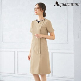 [アクアスキュータム]衿元配色ノーカラーワンピース白衣 ナース ナース服 ウェア エステ ユニフォーム レディース かわいい 看護師 介護士 歯科医 クリニック エステ 保育士 アンファミエ