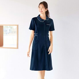 全品ポイント5倍 6/4 20:00-6/5 23:59■パウダーストレッチ アシメトリー衿ワンピースナース服 医療用 白衣 レディース 女性 半袖 看護師 介護士 クリニック 歯科医 アンファミエ