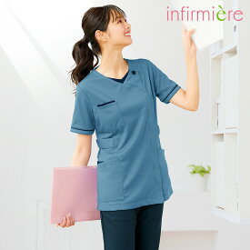 全品ポイント5倍 7/10 0:00-23:59■マシュマロストレッチ ノーカラー配色前開きジャケットナース服 白衣 ナースウェア 医療用 ナース 看護師 介護士 クリニック 歯科医 アンファミエ