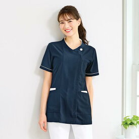 バックラチネ 前ファスナー配色パイピング使いジャケットナース服 ナースウェア レディース 女性 白衣 医療用 クリニック 歯科医 介護士 ユニフォーム アンファミエ