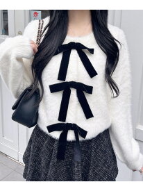 7Gベロアリボンフェザーニットカーディガン INGNI イング トップス カーディガン ホワイト レッド グレー[Rakuten Fashion]