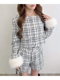 袖ファーツイードJK INGNI イング ジャケット・アウター ノーカラージャケット ホワイト ブラック【送料無料】[Rakuten Fashion]