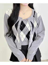 【SALE／55%OFF】12GアーガイルクルーNニットCD+キャミSET INGNI イング トップス カーディガン グレー ブラウン レッド【RBA_E】[Rakuten Fashion]