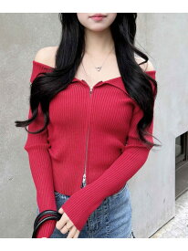 INGNI/(W)12G衿付オフショルフロントZIPニットCD INGNI イング トップス カーディガン レッド グレー ブルー ホワイト ブラック[Rakuten Fashion]