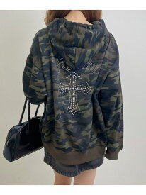 ラインストーンクロス裏毛チュニックパーカー INGNI イング トップス パーカー・フーディー カーキグリーン ブラック グレー レッド[Rakuten Fashion]