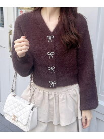 Vネックリボンボタンフェザーニットカーディガン INGNI イング トップス カーディガン ホワイト ブルー イエロー グレー ピンク ブラウン【送料無料】[Rakuten Fashion]